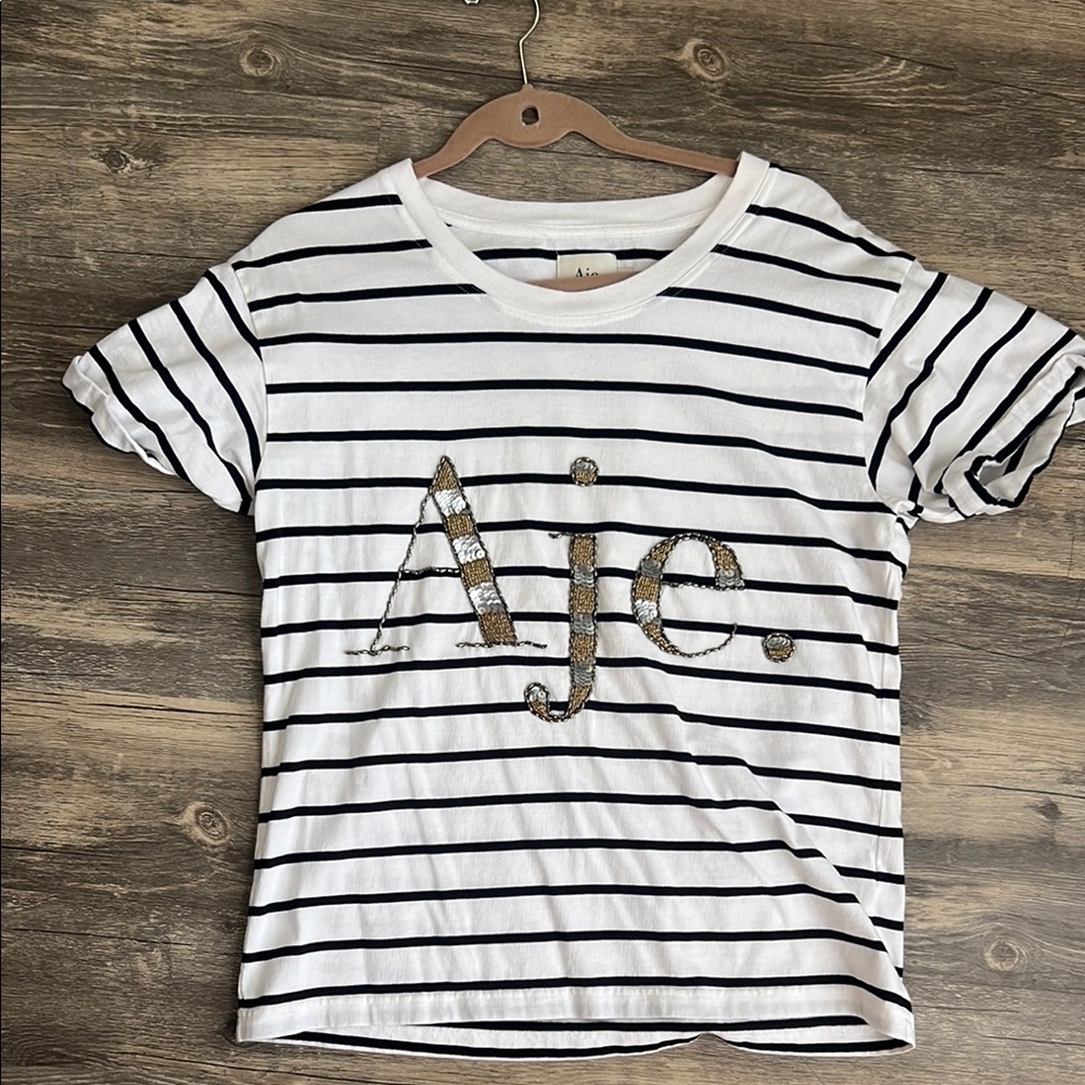 Aje Black and White Striped Tee with Gold Detail